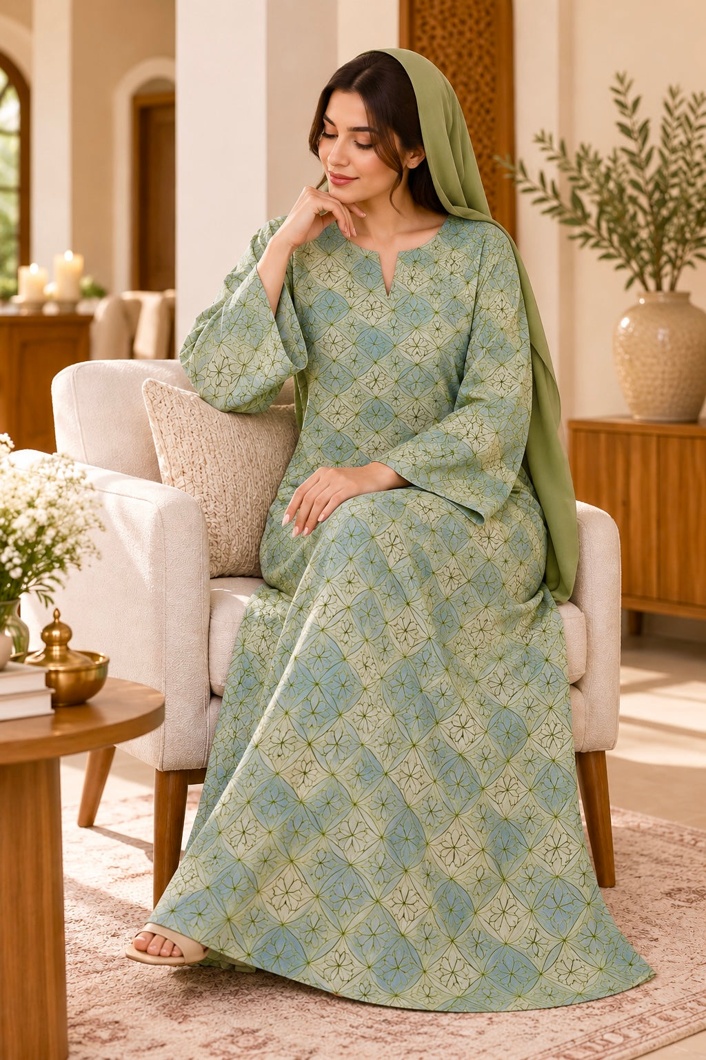 Sage Green Geometric Cotton Jalabiya | Elegant UAE Homewear