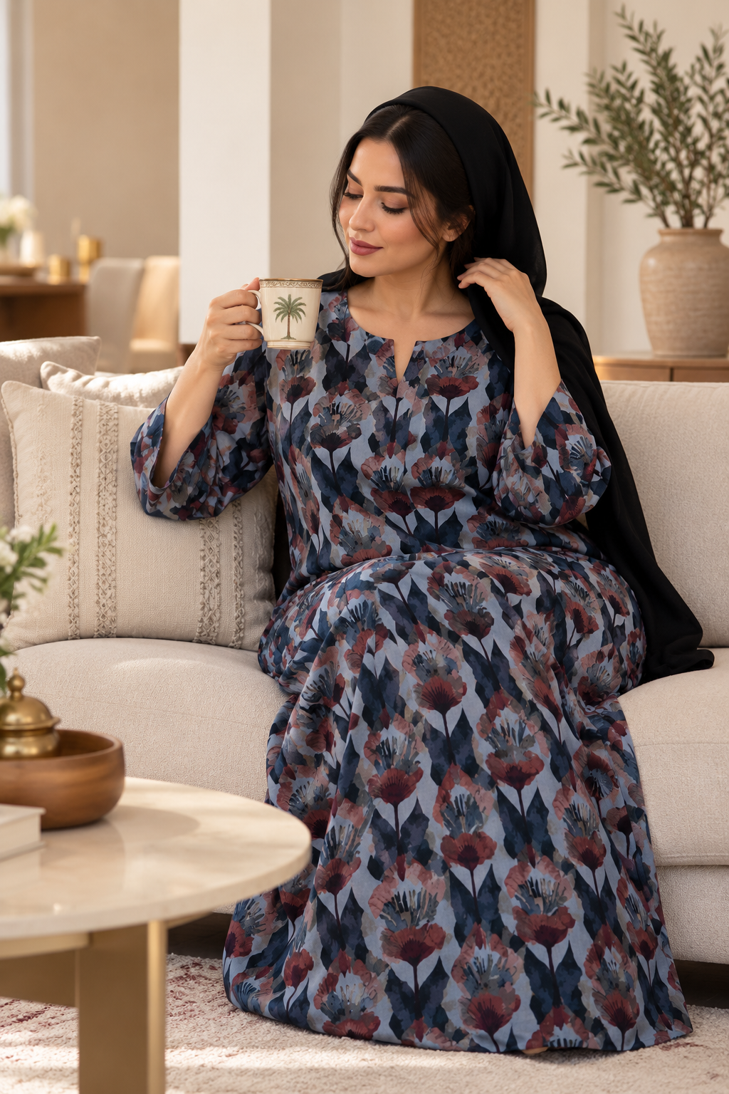 Smoky Blue Floral Cotton Jalabiya | Elegant UAE Homewear