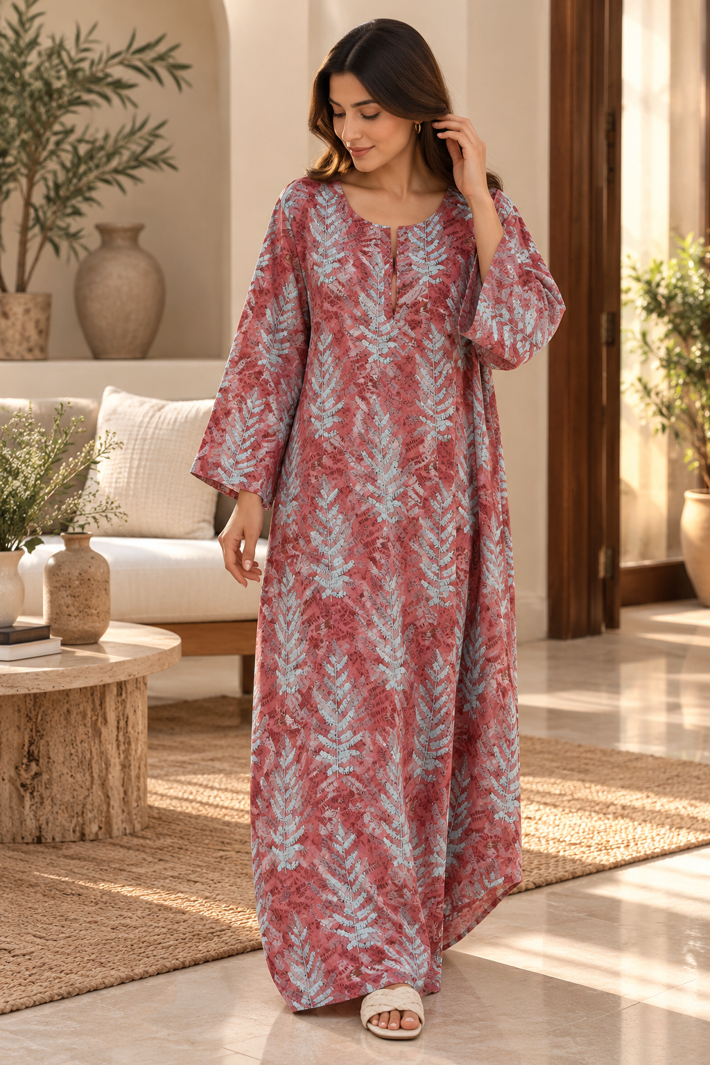 Rose Fern Print Cotton Jalabiya for Women | Meherian UAE