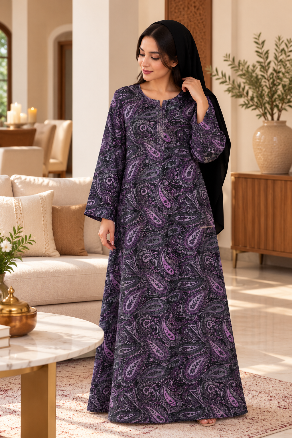 Purple Paisley Cotton Jalabiya | Elegant UAE Homewear