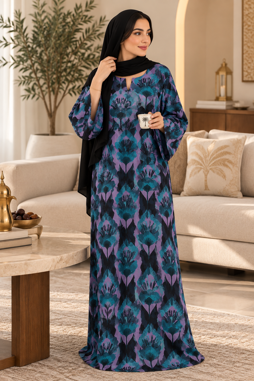 Teal & Purple Floral Cotton Jalabiya for Women | Meherian UAE