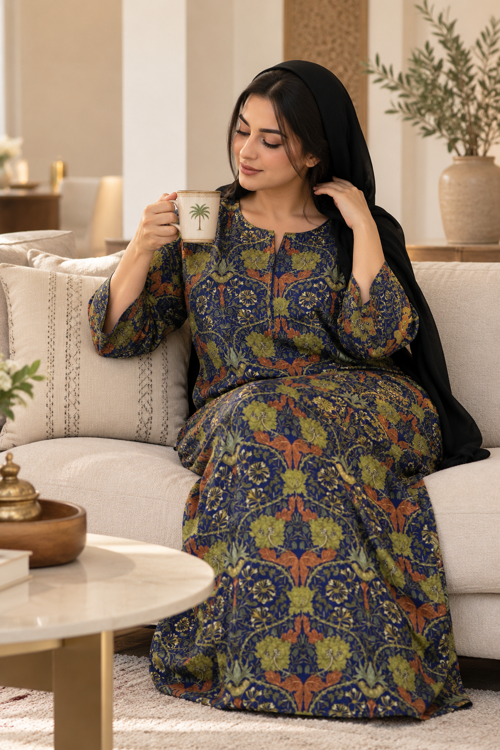 Royal Navy Floral Cotton Jalabiya | Breathable UAE Homewear