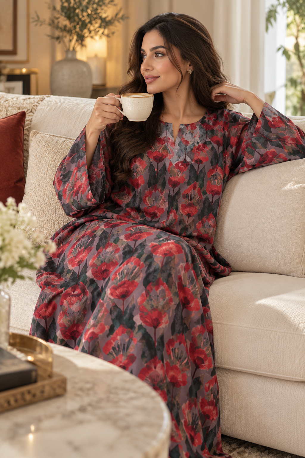 Crimson Garden Floral Cotton Jalabiya for Women | Meherian UAE