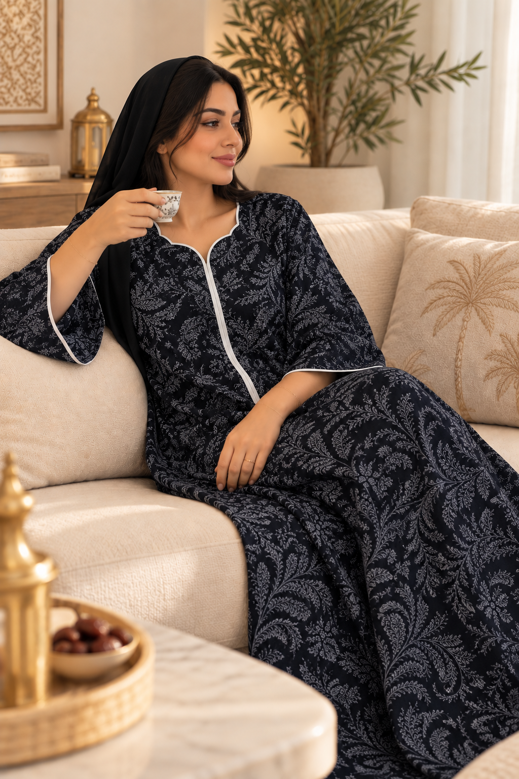 Black Floral Print Cotton Jalabiya for Women | Meherian UAE