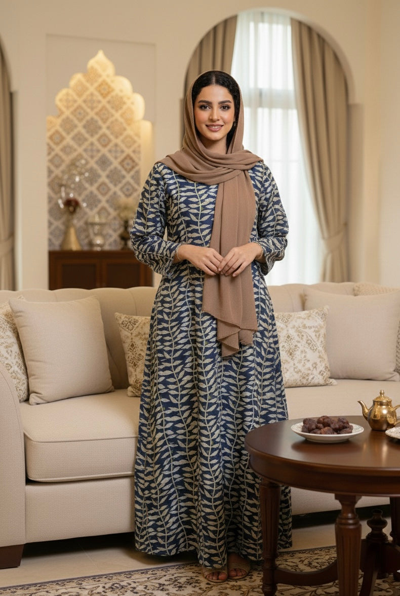 Navy Beige Botanical Cotton Jalabiya – Elegant Modest Homewear