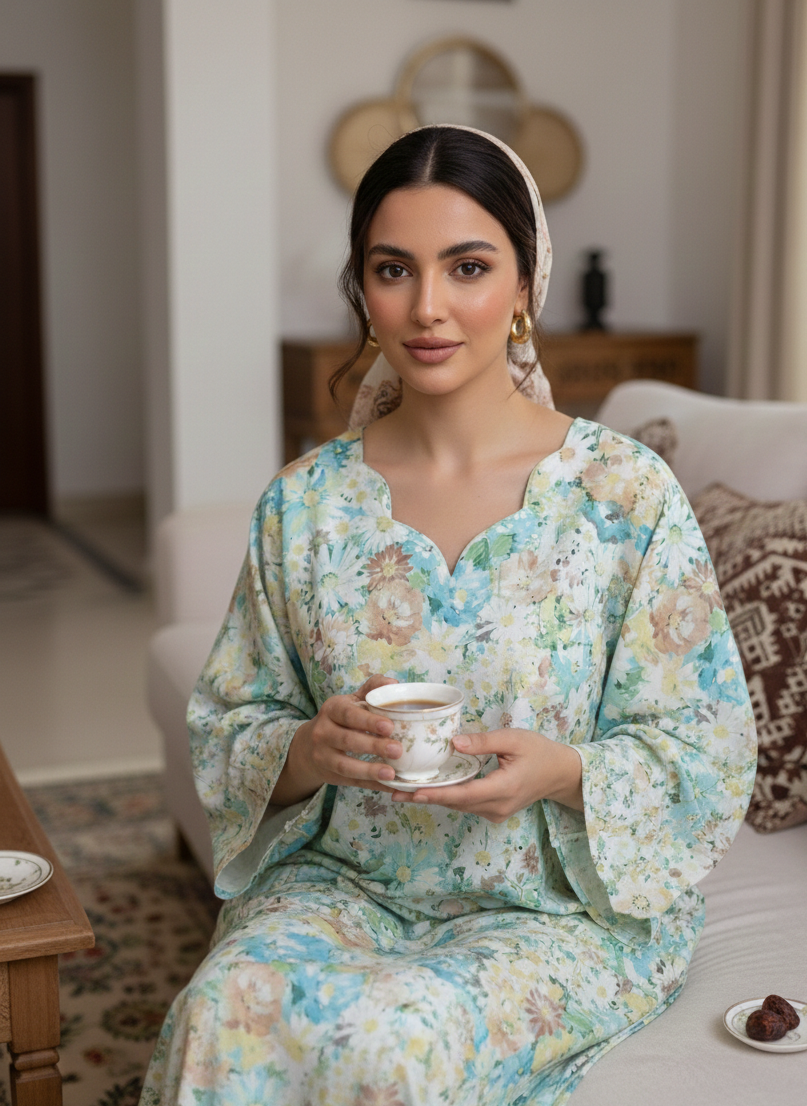 Mint Aqua Floral Cotton Jalabiya – Soft Pastel Elegant Homewear