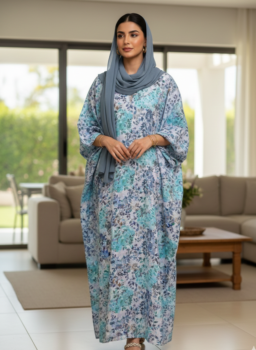 Aqua Blue Floral Cotton Jalabiya – Elegant Modest Homewear