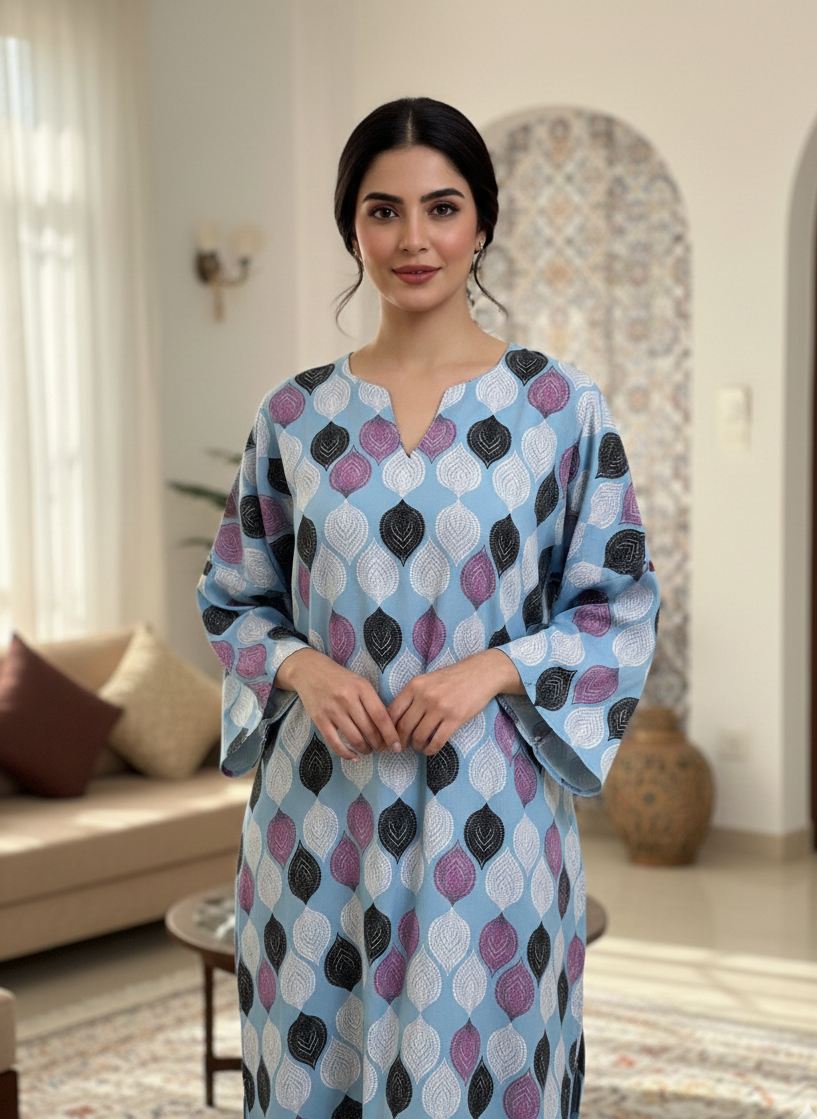 Sky Blue Geometric Leaf Cotton Jalabiya – Elegant Modest Homewear