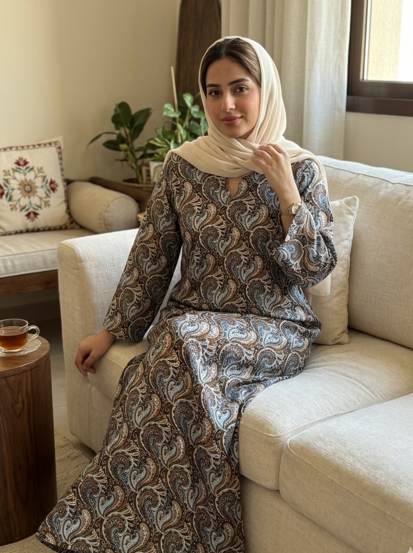 Mocha Brown Paisley Cotton Jalabiya – Classic Elegant Homewear