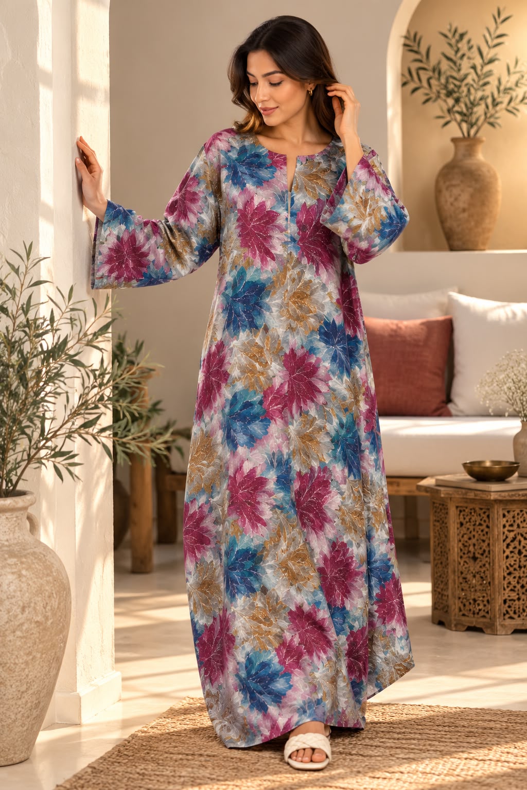 Multicolor Floral Print Cotton Jalabiya for Women | Meherian UAE