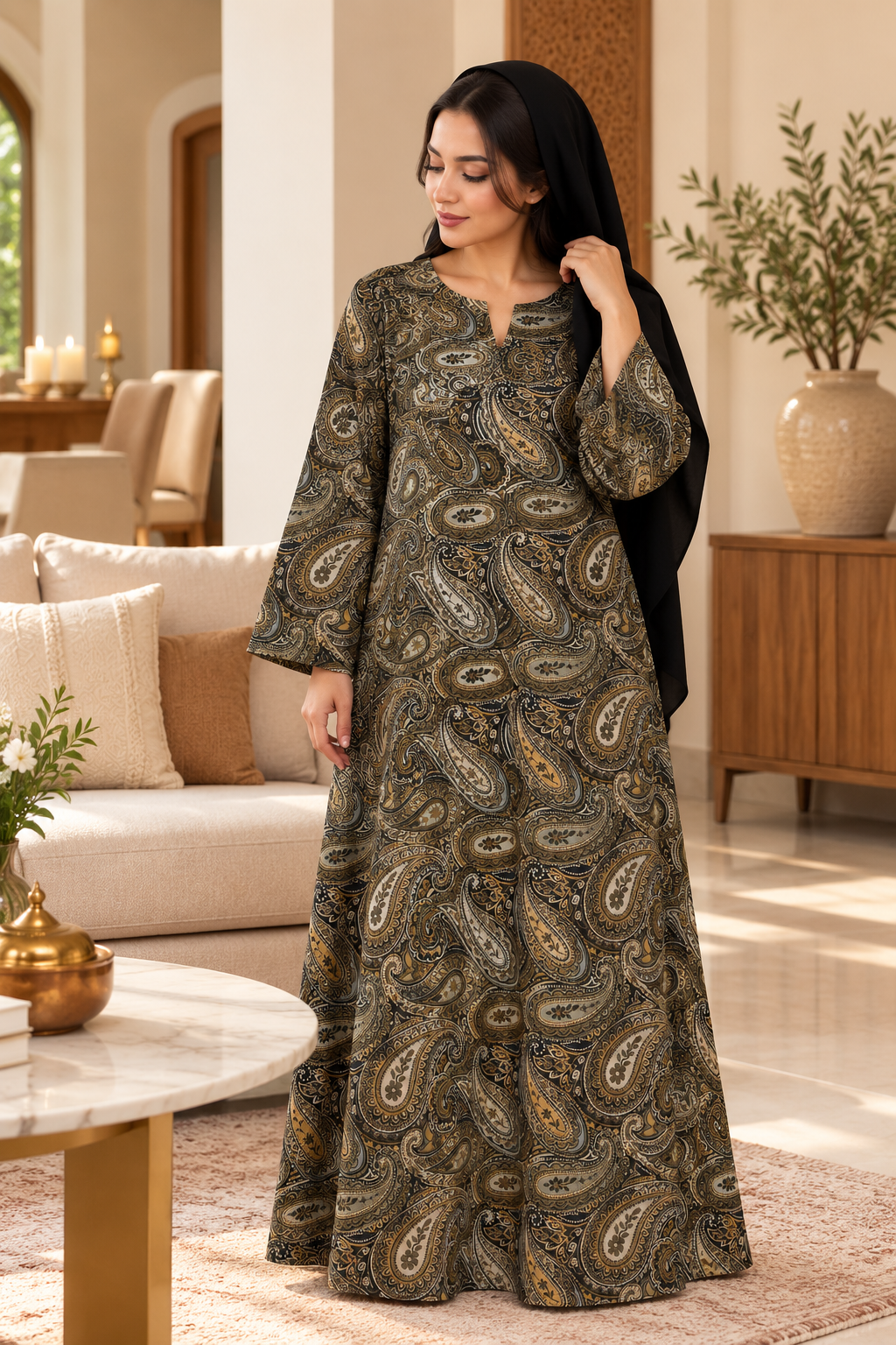 Olive Paisley Cotton Jalabiya | Elegant UAE Homewear