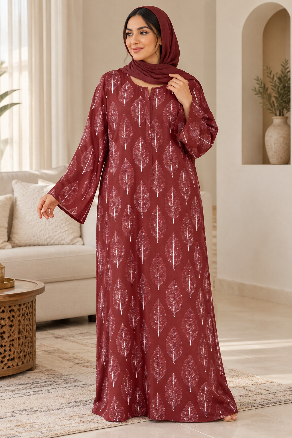 Sienna Leaf Print Cotton Jalabiya for Women | Meherian UAE