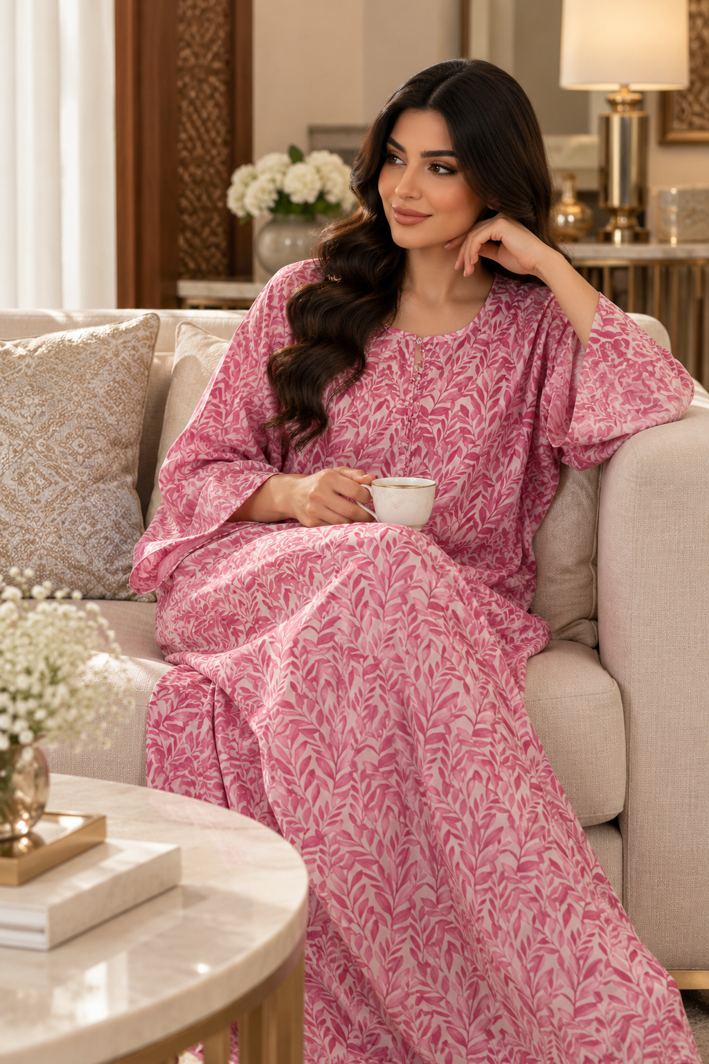 Pink Willow Print Cotton Jalabiya for Women | Meherian UAE