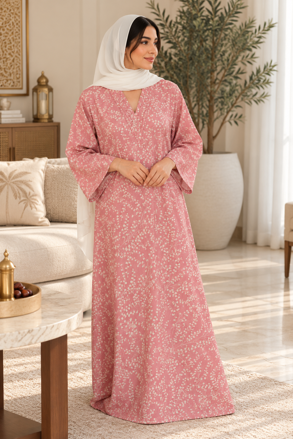Dusty Pink Botanical Print Cotton Jalabiya for Women | Meherian UAE
