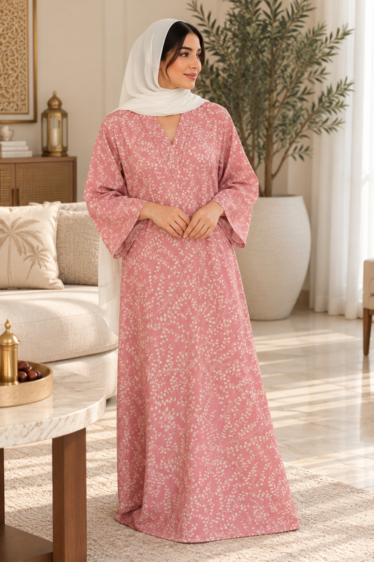 Dusty Pink Botanical Print Cotton Jalabiya for Women | Meherian UAE