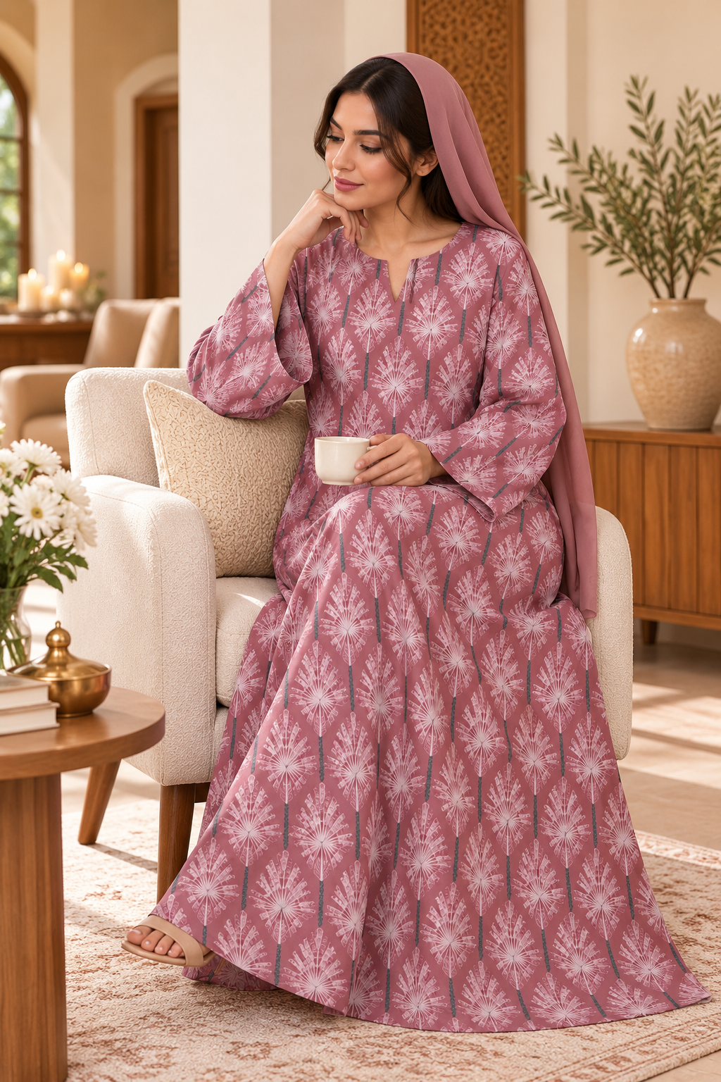Dusty Rose Botanical Cotton Jalabiya | Elegant UAE Homewear