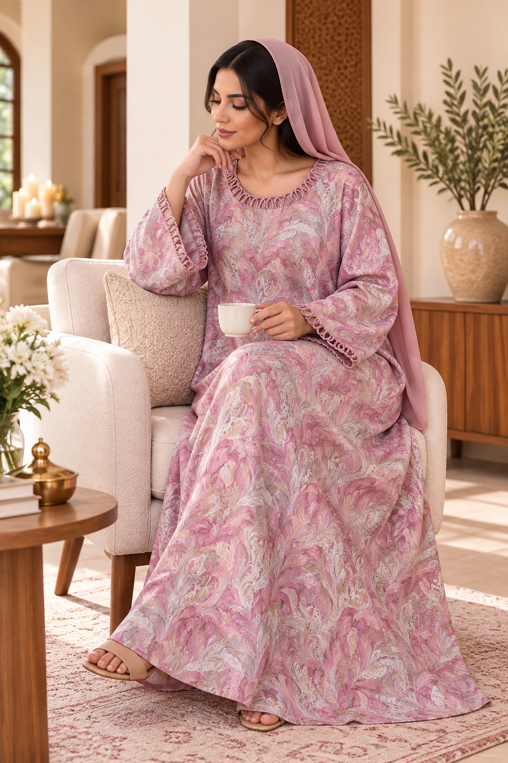 Dusty Rose Paisley Cotton Jalabiya | Elegant UAE Homewear