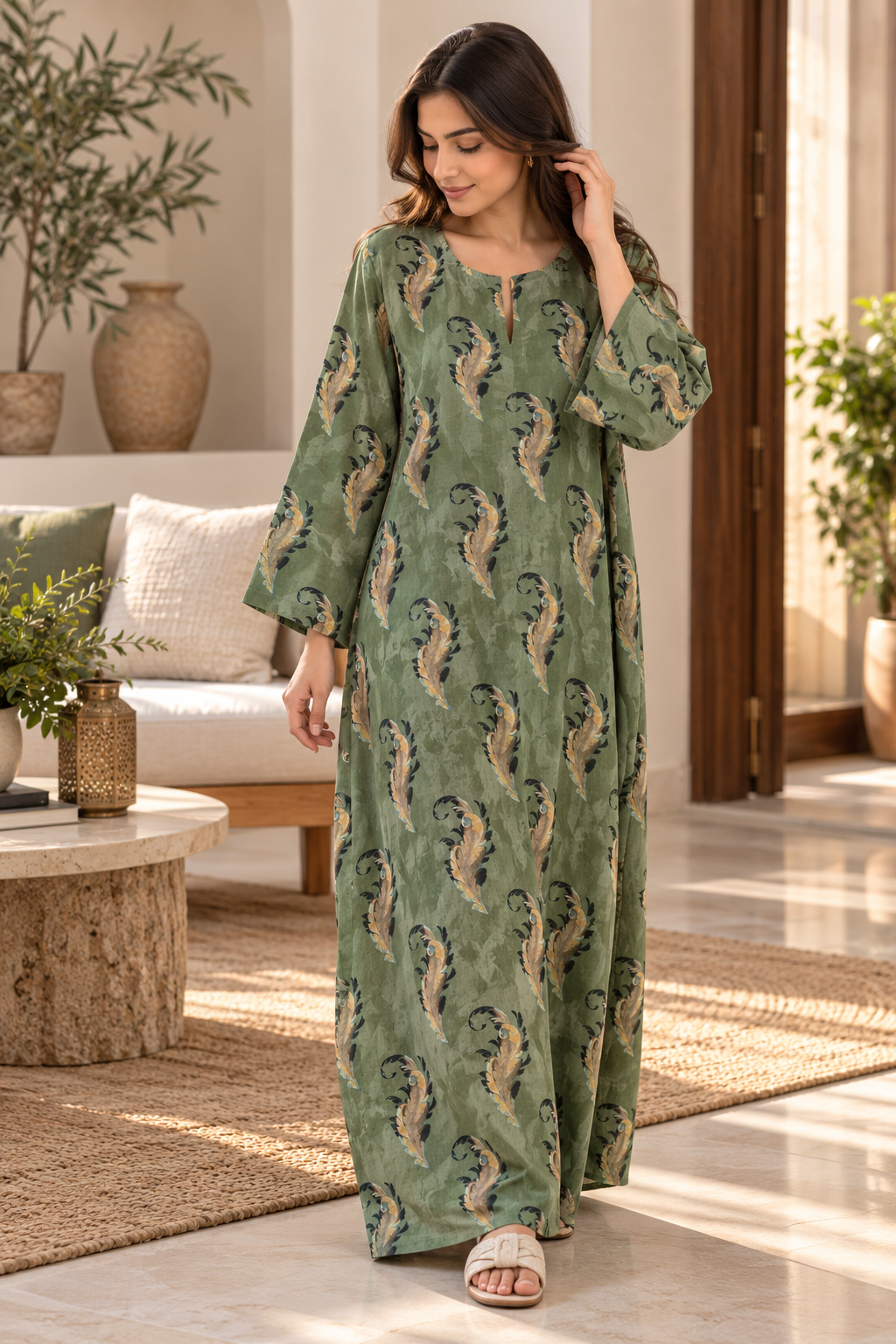 Olive Feather Print Cotton Jalabiya for Women | Meherian UAE