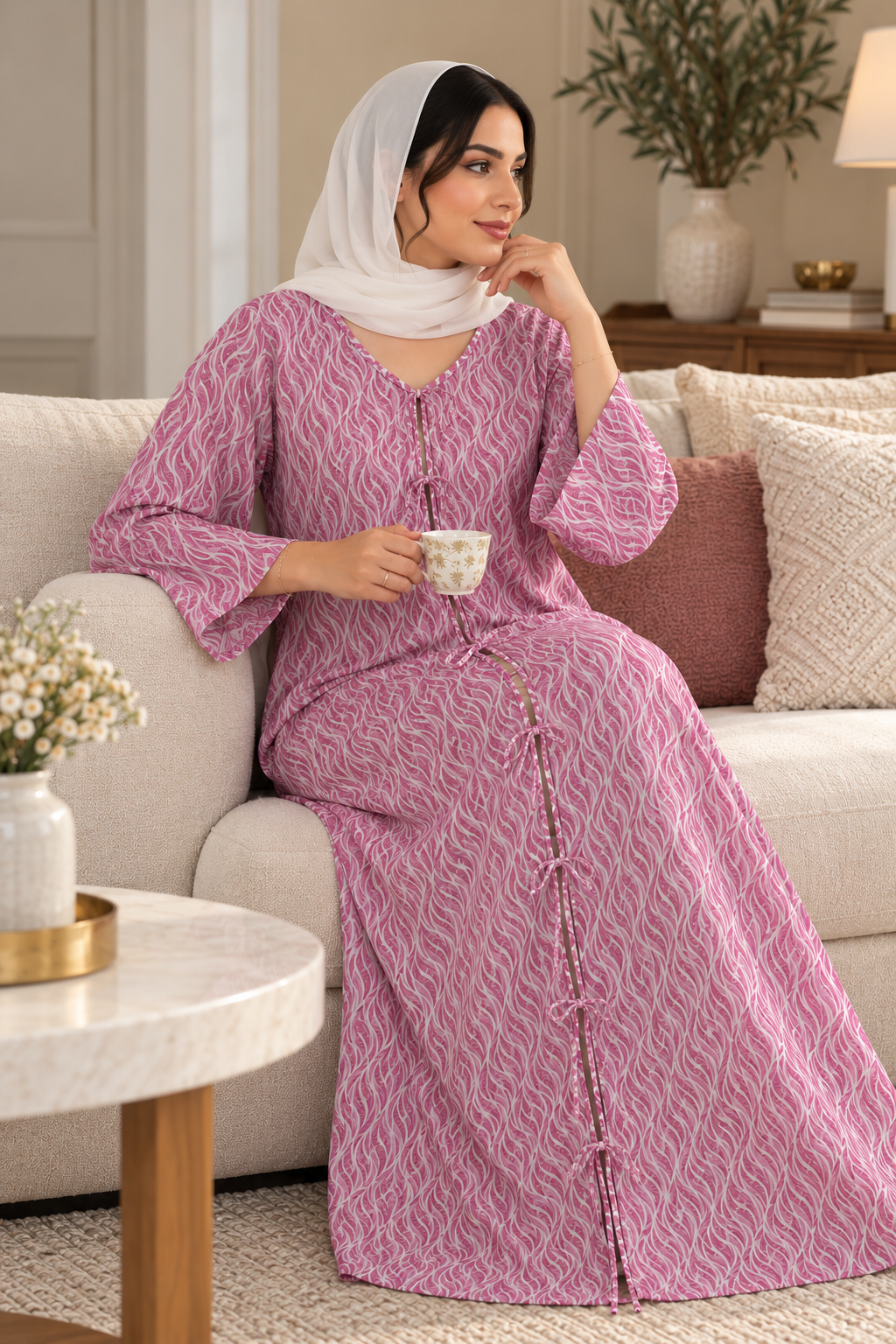 Soft Pink Printed Premium Cotton Jalabiya for Women | Meherian UAE