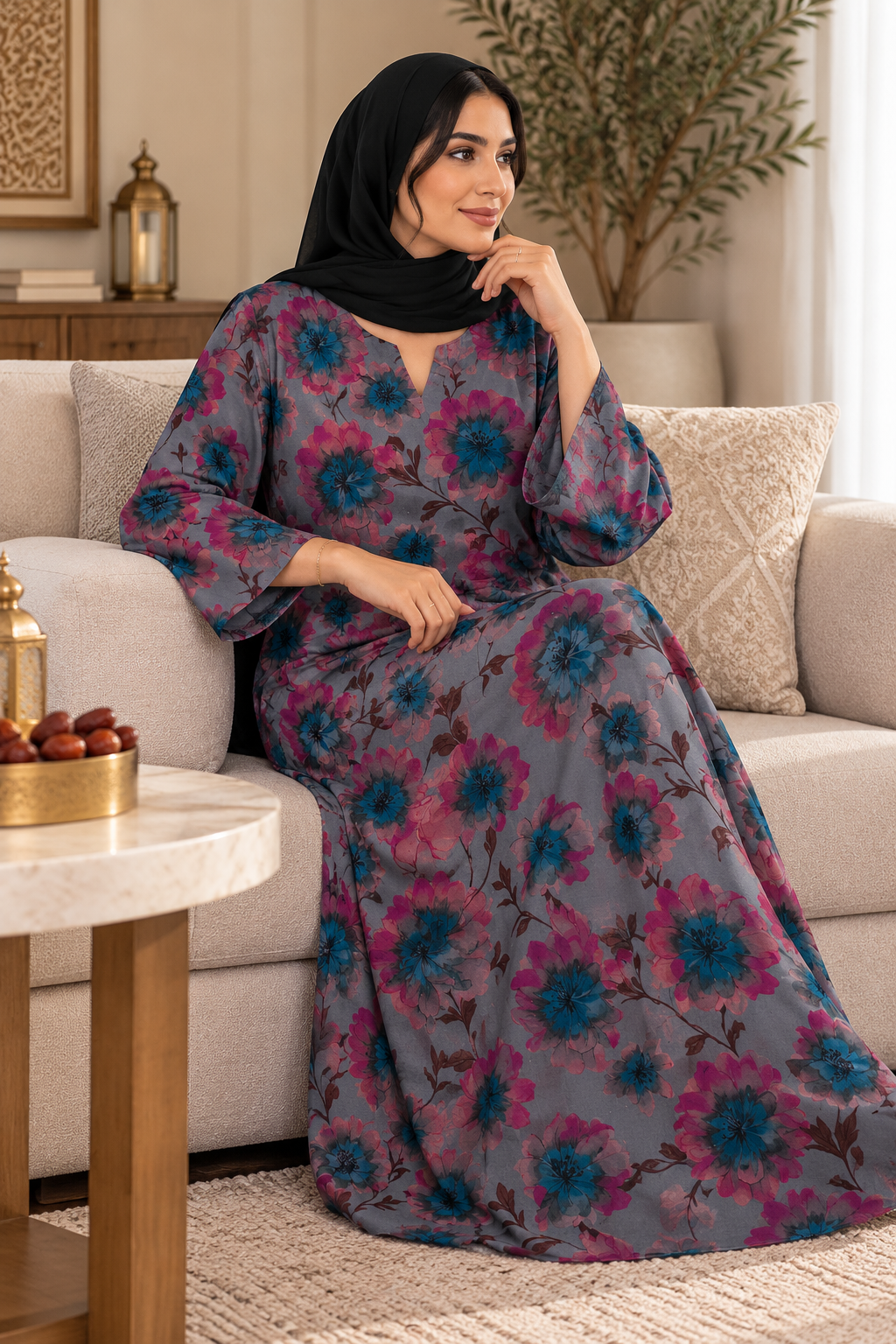 Grey Floral Print Cotton Jalabiya for Women | Meherian UAE