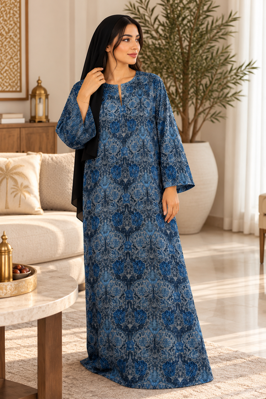 Blue Botanical Print Cotton Jalabiya for Women | Meherian UAE