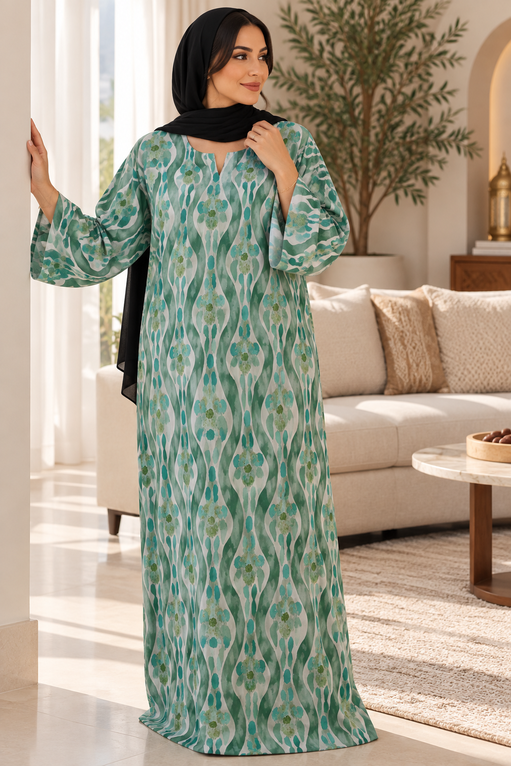 Mint Green Abstract Print Cotton Jalabiya for Women | Meherian UAE