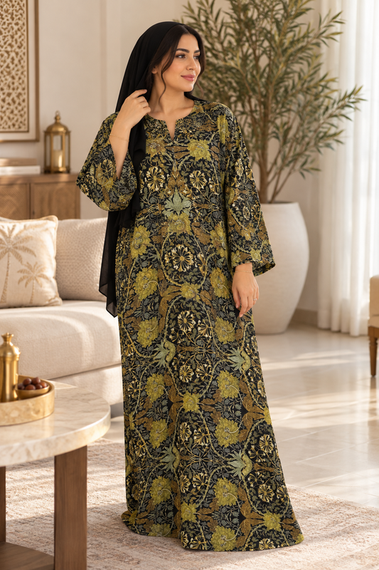 Black & Olive Floral Cotton Jalabiya for Women | Meherian UAE