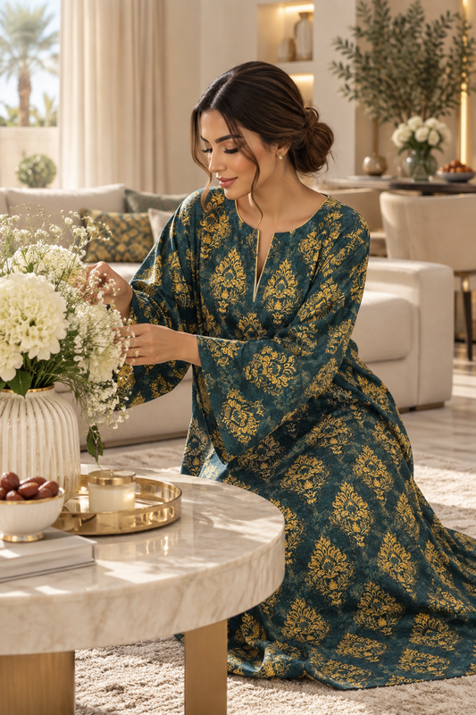 Emerald Gold Motif Cotton Jalabiya for Women | Meherian UAE