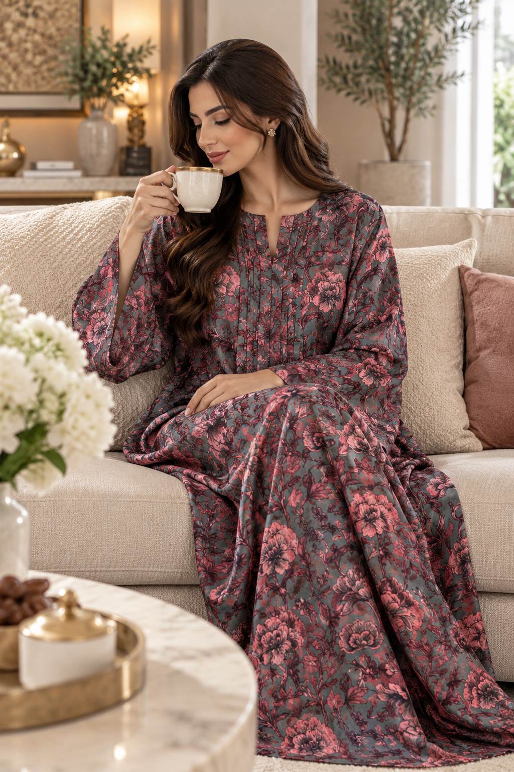 Dusky Rose Floral Cotton Jalabiya for Women | Meherian UAE