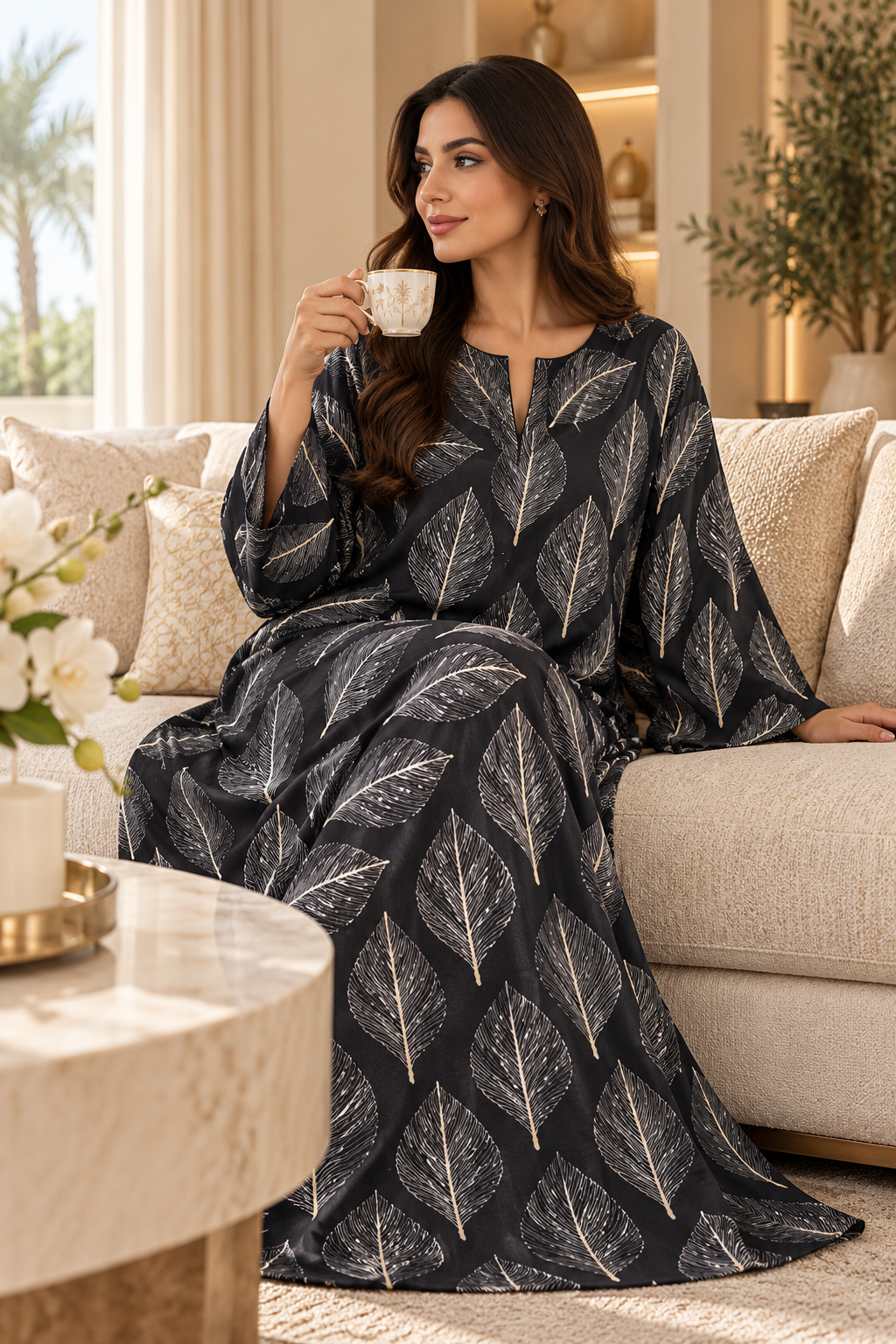 Noir Leaf Print Cotton Jalabiya for Women | Meherian UAE