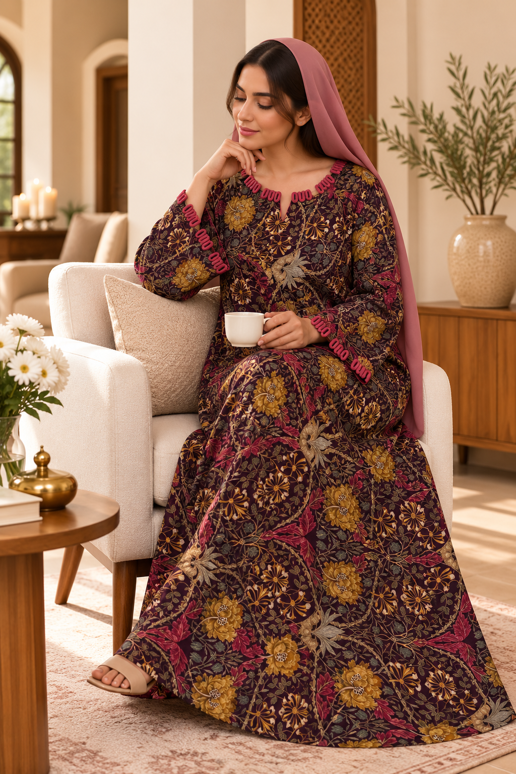 Aubergine Botanical Cotton Jalabiya | Elegant UAE Homewear