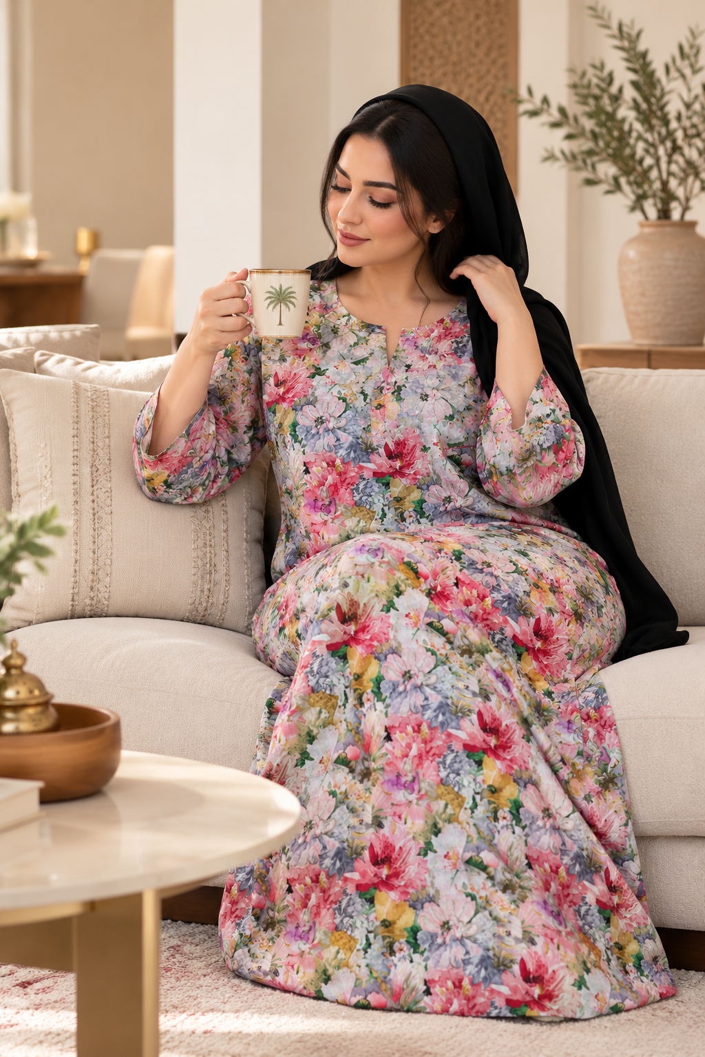 Blush Garden Floral Cotton Jalabiya | Breathable UAE Homewear