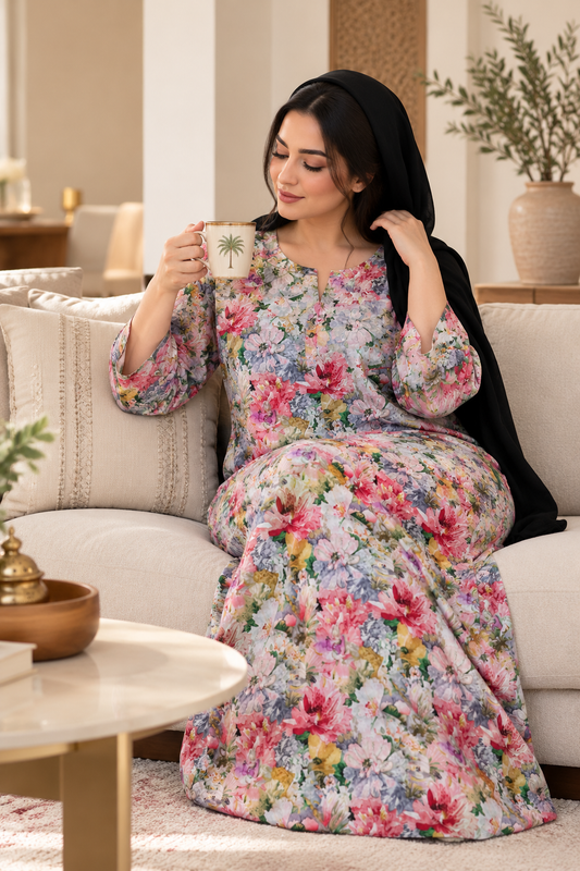 Blush Garden Floral Cotton Jalabiya | Breathable UAE Homewear