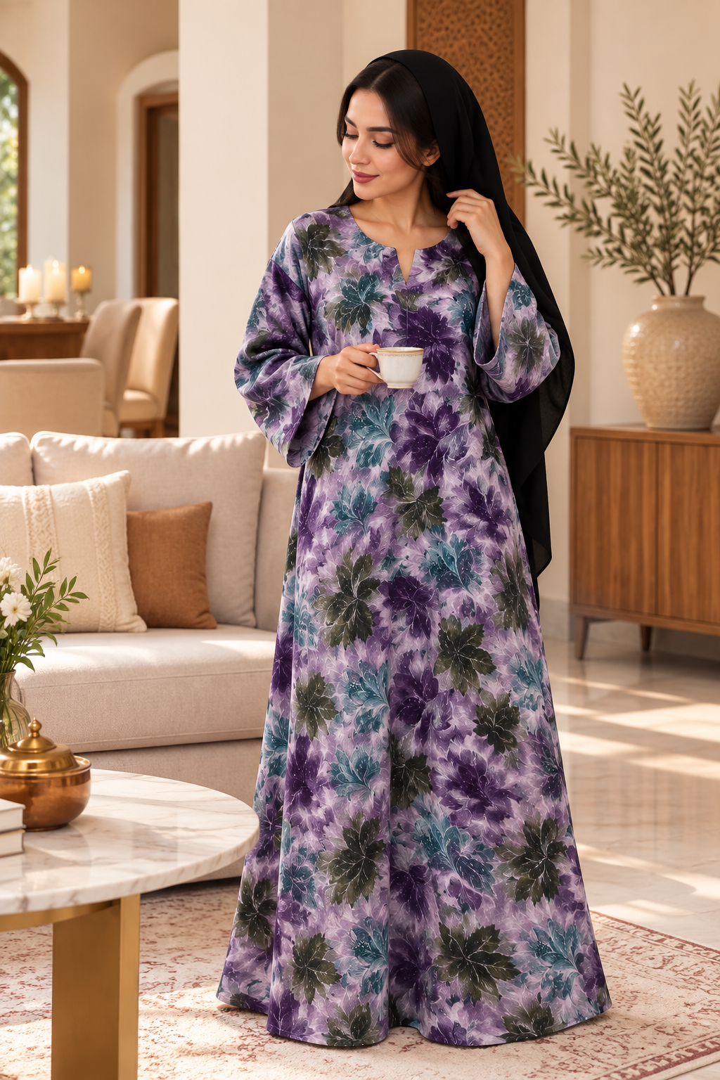 Lavender Botanical Cotton Jalabiya | Elegant UAE Homewear