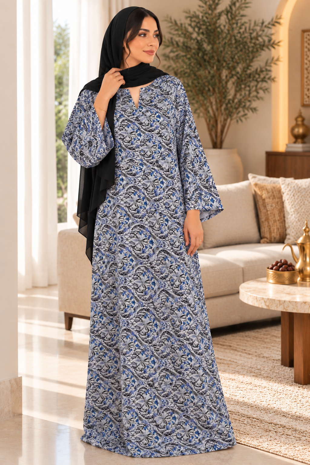 Blue & Grey Floral Cotton Jalabiya for Women | Meherian UAE