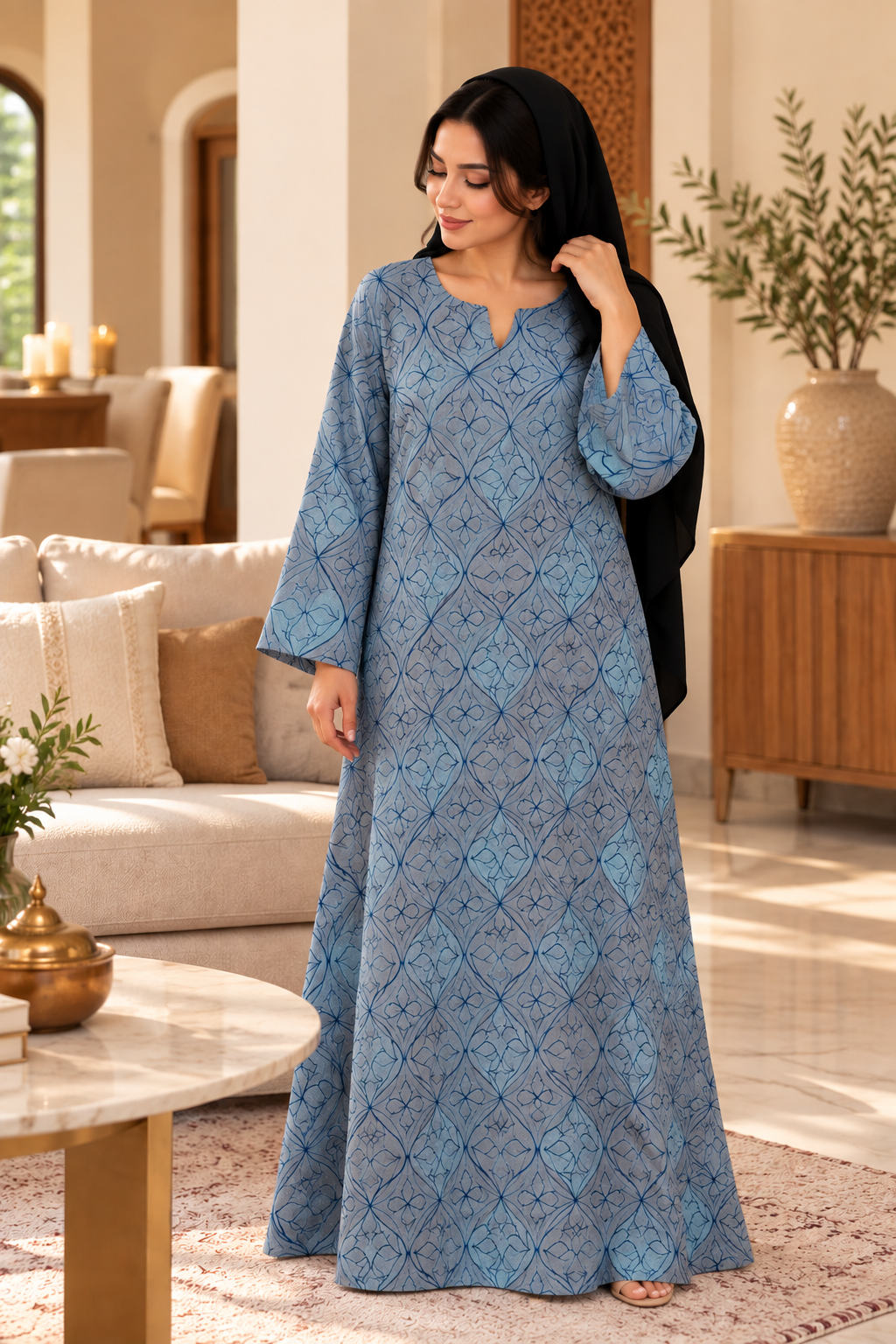 Sky Blue Geometric Cotton Jalabiya | Minimal UAE Homewear
