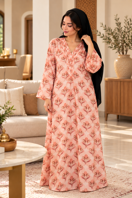 Rose Petal Print Cotton Jalabiya | Pink UAE Homewear