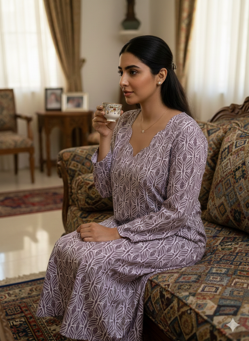 Mauve Leaf  Cotton Homewear Jalabiya