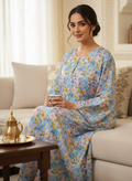 Sky Blue Floral Cotton Jalabiya – Pastel Homewear Elegance