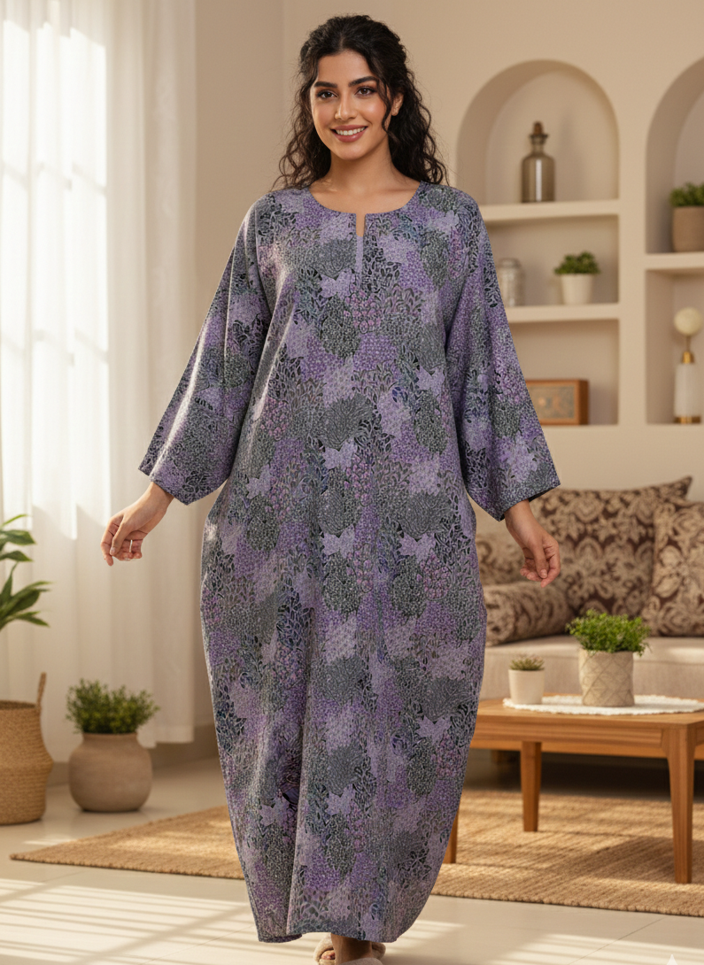 Lavender Grey Floral Cotton Jalabiya – Relaxed Elegant Homewear