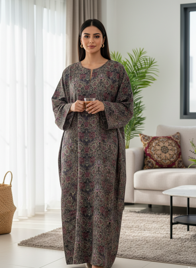 Vintage Rose Olive Floral Cotton Jalabiya – Elegant Modest Homewear
