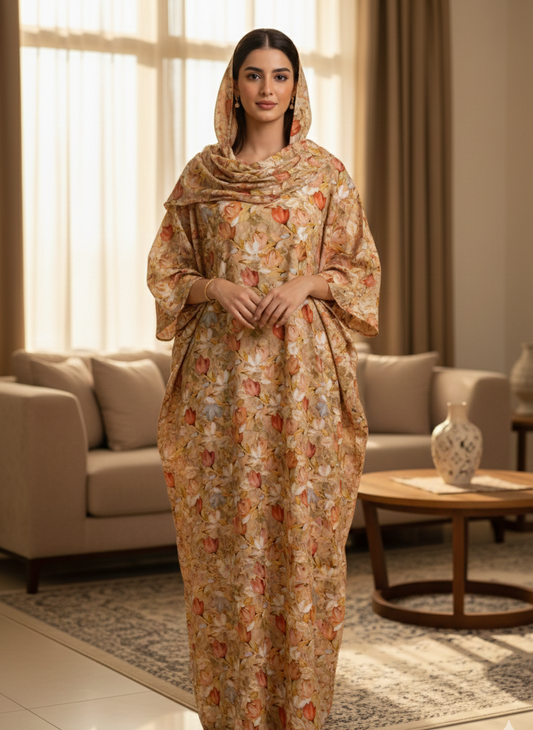 Golden Blossom Floral Cotton Jalabiya – Warm Elegant Homewear