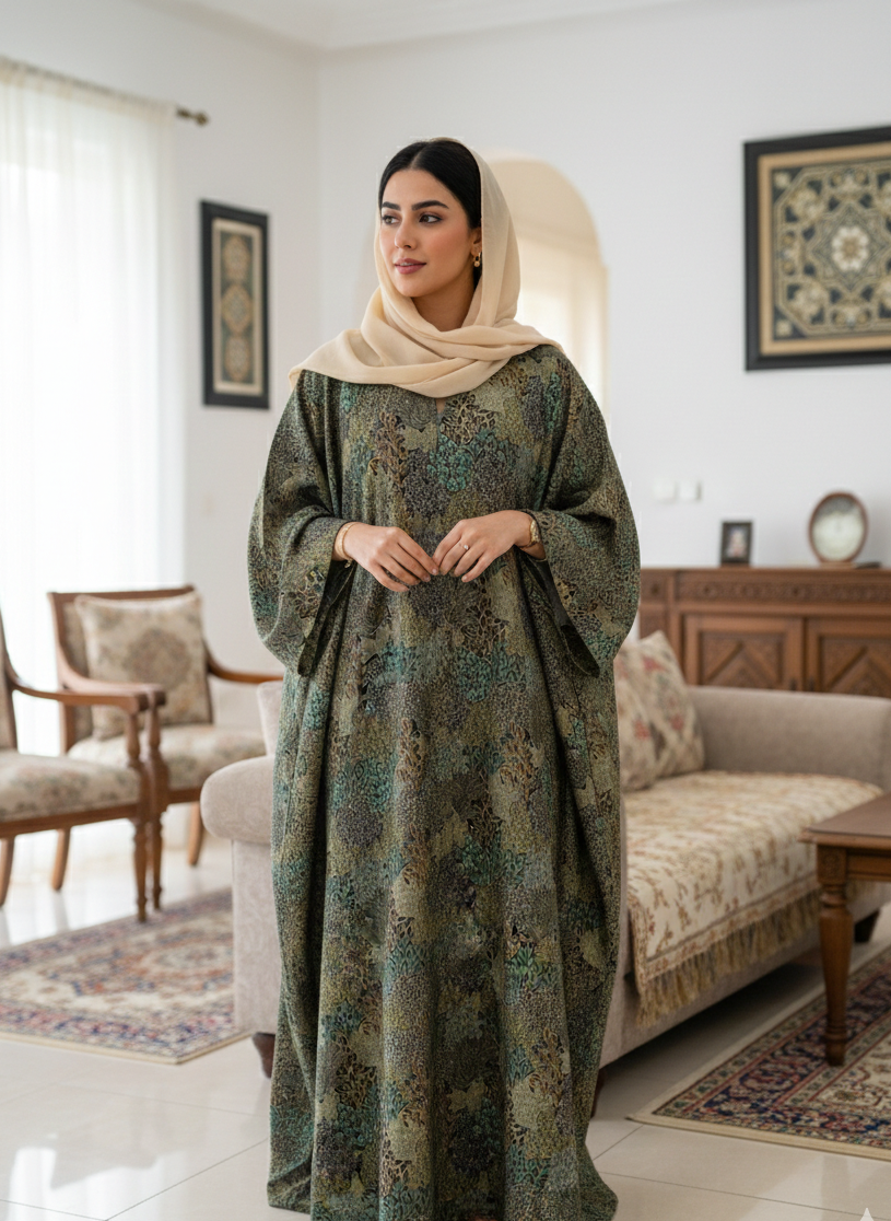 Olive Heritage Floral Cotton Jalabiya – Elegant Modest Homewear