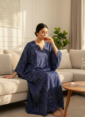 Midnight Blue Speckled Cotton Jalabiya – Elegant Minimal Homewear