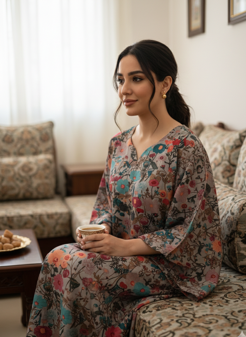 Taupe Multi Floral Cotton Jalabiya – Elegant Everyday Homewear