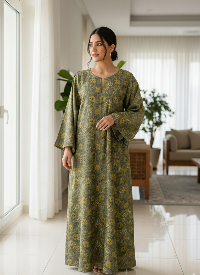 Olive Mustard Floral Cotton Jalabiya – Elegant Modest Homewear