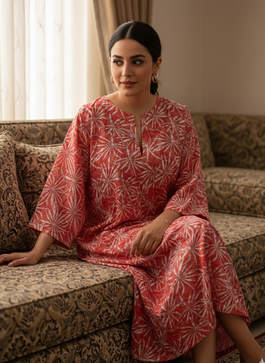 Coral Red Floral Cotton Jalabiya – Vibrant Elegant Homewear