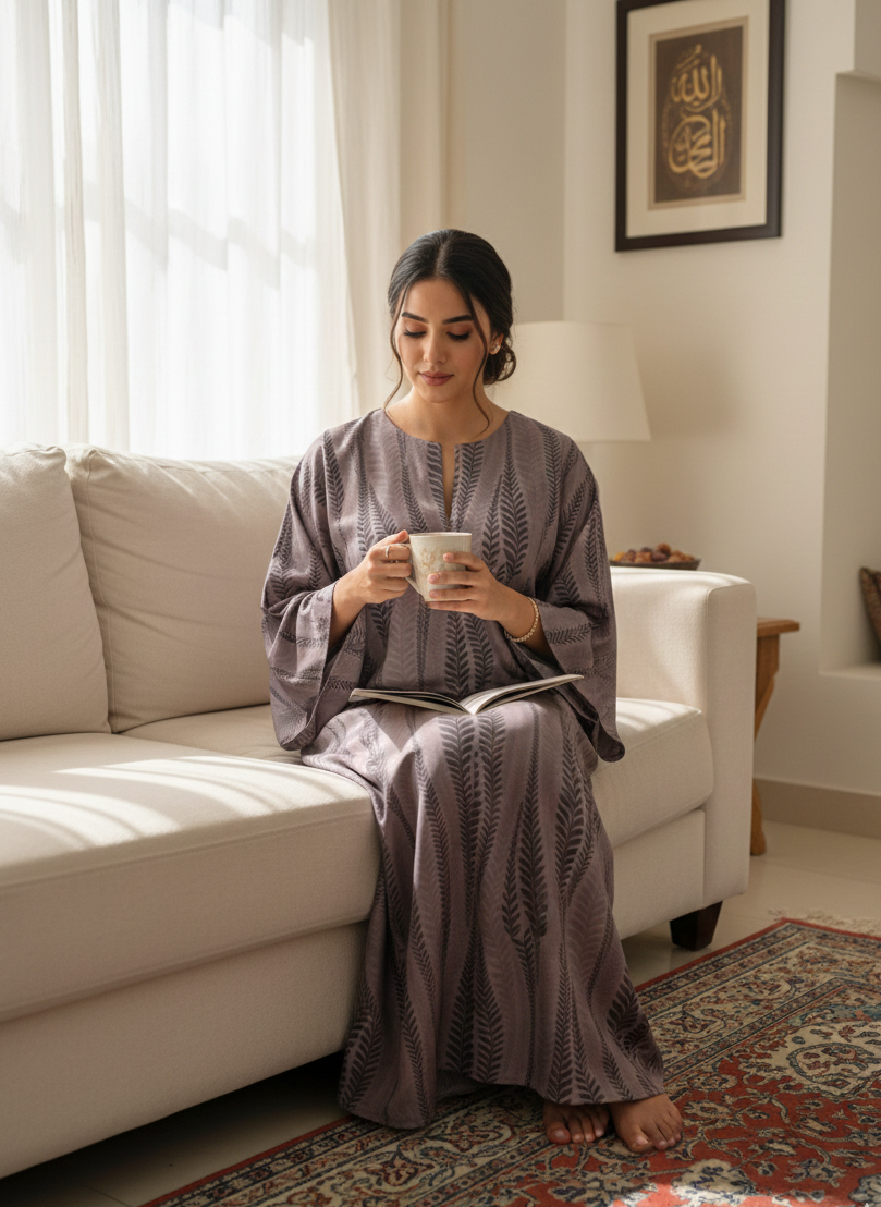 Mocha Mauve Leaf Print Cotton Jalabiya – Minimal Elegant Homewear