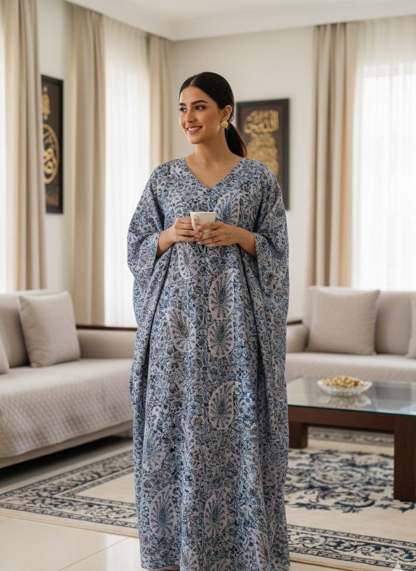 Powder Blue Paisley Cotton Jalabiya – Elegant Modest Homewear