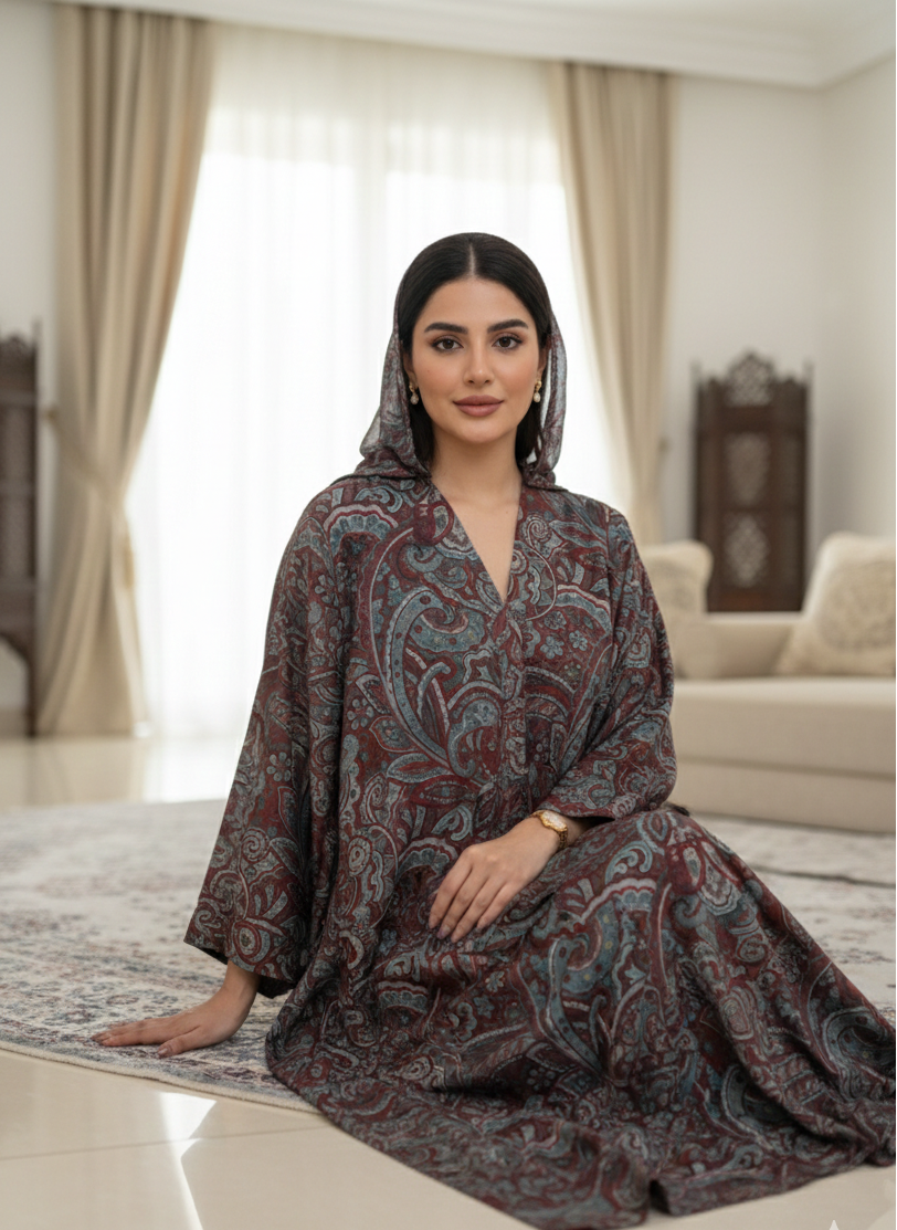 Burgundy Teal Paisley Cotton Jalabiya – Elegant Modest Homewear